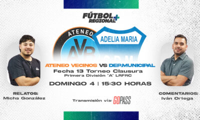 Fútbol Regional Plus continúa ampliando sus escenarios y este domingo desembarca por primera vez en el estadio “José Mellano” de General Cabrera. Desde las 15.30, transmitirá en vivo y en directo Ateneo Vecinos – Municipal de Adelia María.