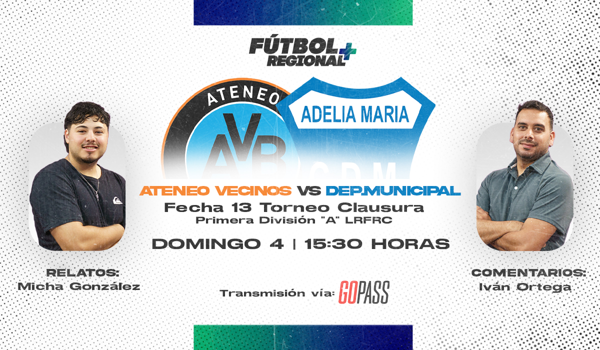 Fútbol Regional Plus continúa ampliando sus escenarios y este domingo desembarca por primera vez en el estadio “José Mellano” de General Cabrera. Desde las 15.30, transmitirá en vivo y en directo Ateneo Vecinos – Municipal de Adelia María.